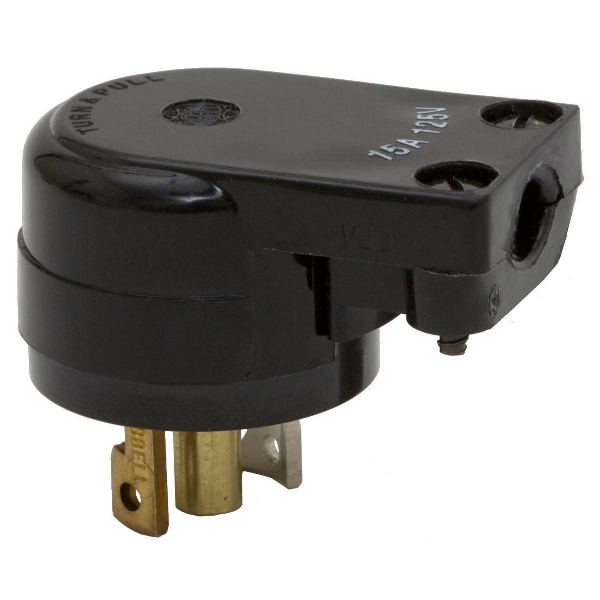 Wiring Device-Kellems HBL7570 1-Phase Angled Grounding Male Midget Cord Mount Locking Plug, 125 VAC, 15 A, 2 Poles, 3 Wires, Black
