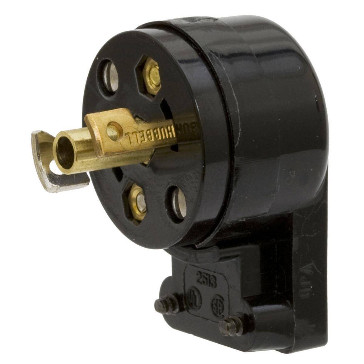 Wiring Device-Kellems HBL7570 1-Phase Angled Grounding Male Midget Cord Mount Locking Plug, 125 VAC, 15 A, 2 Poles, 3 Wires, Black
