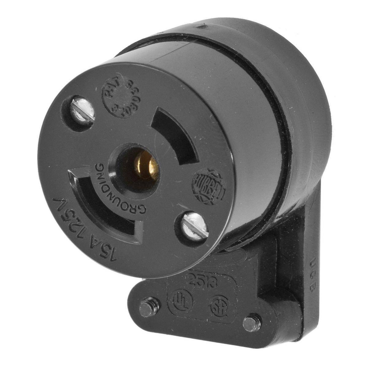 Wiring Device-Kellems HBL7571 Female Grounding Heavy Duty Standard Cord Mount Locking Connector, 125 VAC, 15 A, 2 Poles, 3 Wires, Black