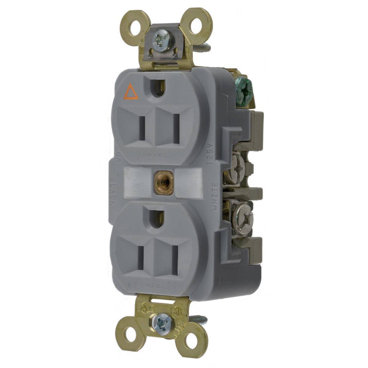 EATON Arrow Hart® IG5262GY Duplex/Single Straight Blade Receptacle, 125 VAC, 15 A, 2 Poles, 3 Wires, Gray