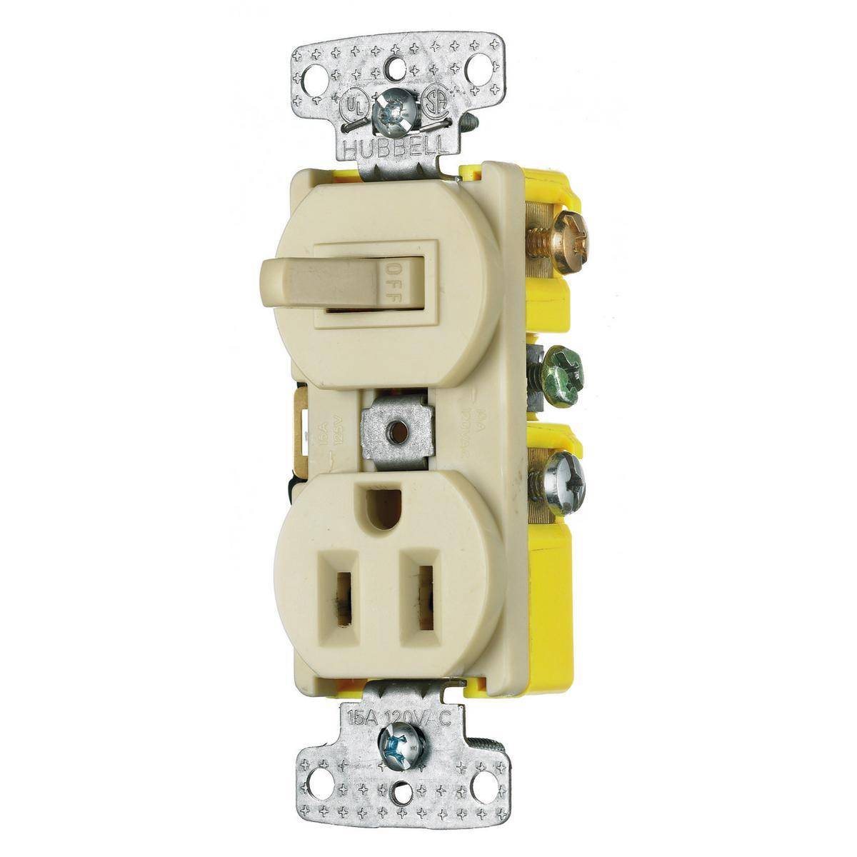 Wiring Device-Kellems RC308I 2-Position 3-Way Snap Action Standard Toggle Self-Grounding Combination Switch and Receptacle, Electrical Ratings: 15 A at 120/125 VAC, 1875 W, 1 Poles, 3 Wires, Snap Switch Reset