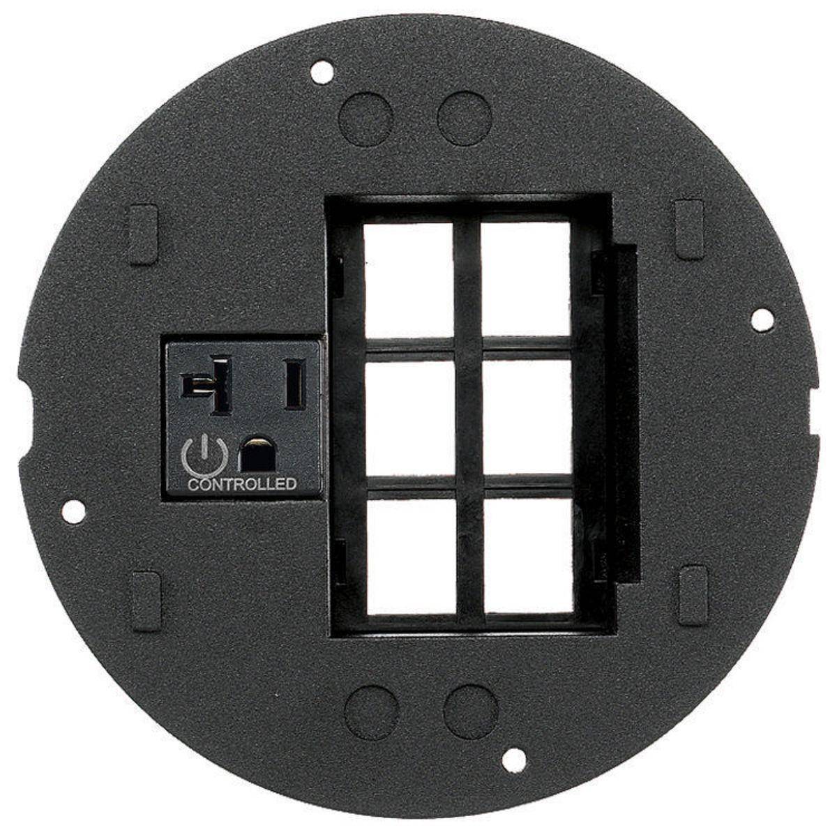 Wiring Device-Kellems SystemOne ScrubShield® S1SPMAXC Controlled Laser Marked Standard Sized Sub Plate With (1) 20 A Pre-Wired Receptacle and (6) Siemon Max Jacks Opening, 5.36 in Dia, Composite
