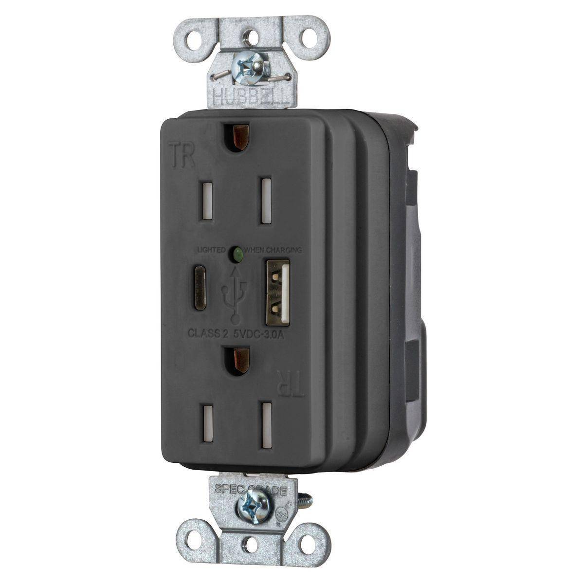 Wiring Device-Kellems SNAPConnect® Style Line® SNAP15UACBK Decorator Duplex Grounding Temper-Resistant USB Charger Receptacle, 125 VAC, 15 A, 2 Poles, 3 Wires, Black