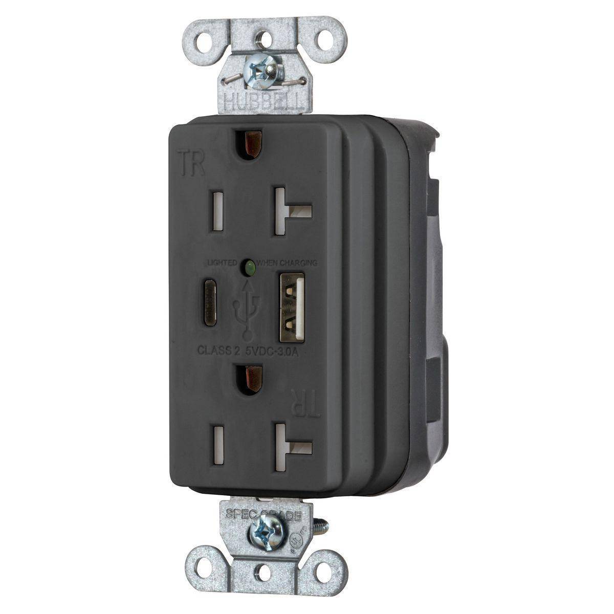Wiring Device-Kellems SNAPConnect® Style Line® SNAP20UACBK Decorator Duplex Grounding Temper-Resistant USB Charger Receptacle, 125 VAC, 20 A, 2 Poles, 3 Wires, Black