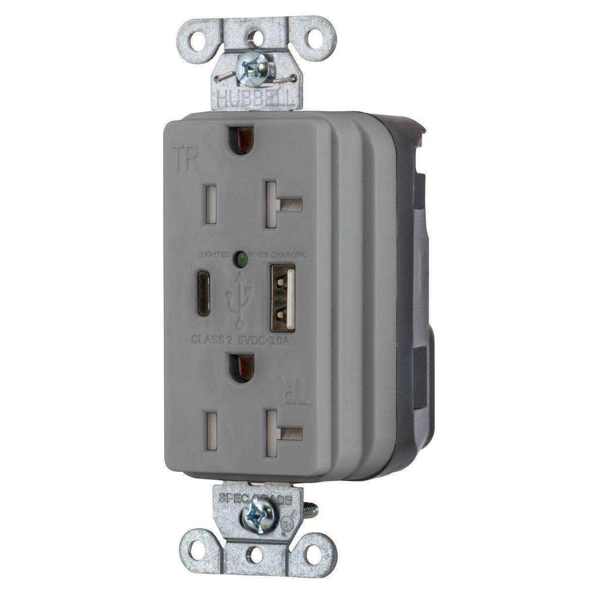 Wiring Device-Kellems SNAPConnect® Style Line® SNAP20UACGY Decorator Duplex Grounding Temper-Resistant USB Charger Receptacle, 125 VAC, 20 A, 2 Poles, 3 Wires, Gray