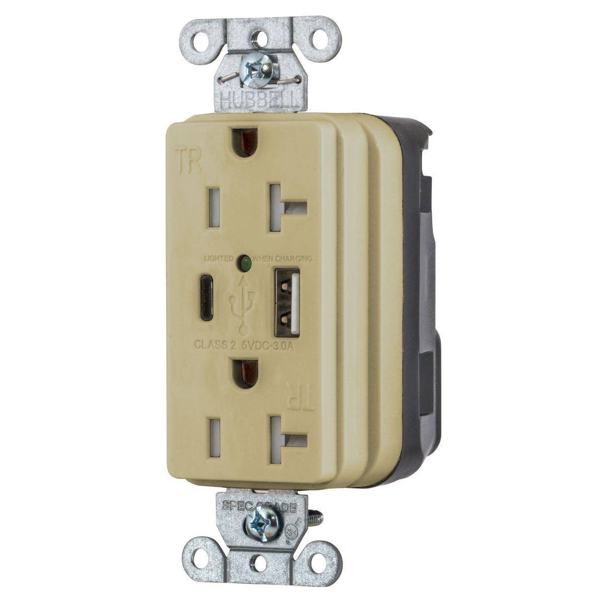 Wiring Device-Kellems SNAPConnect® Style Line® SNAP20UACI Decorator Duplex Grounding Temper-Resistant USB Charger Receptacle, 20 A, 125 VDC, 1875 W, 2 Poles, 3 Wires, Ivory