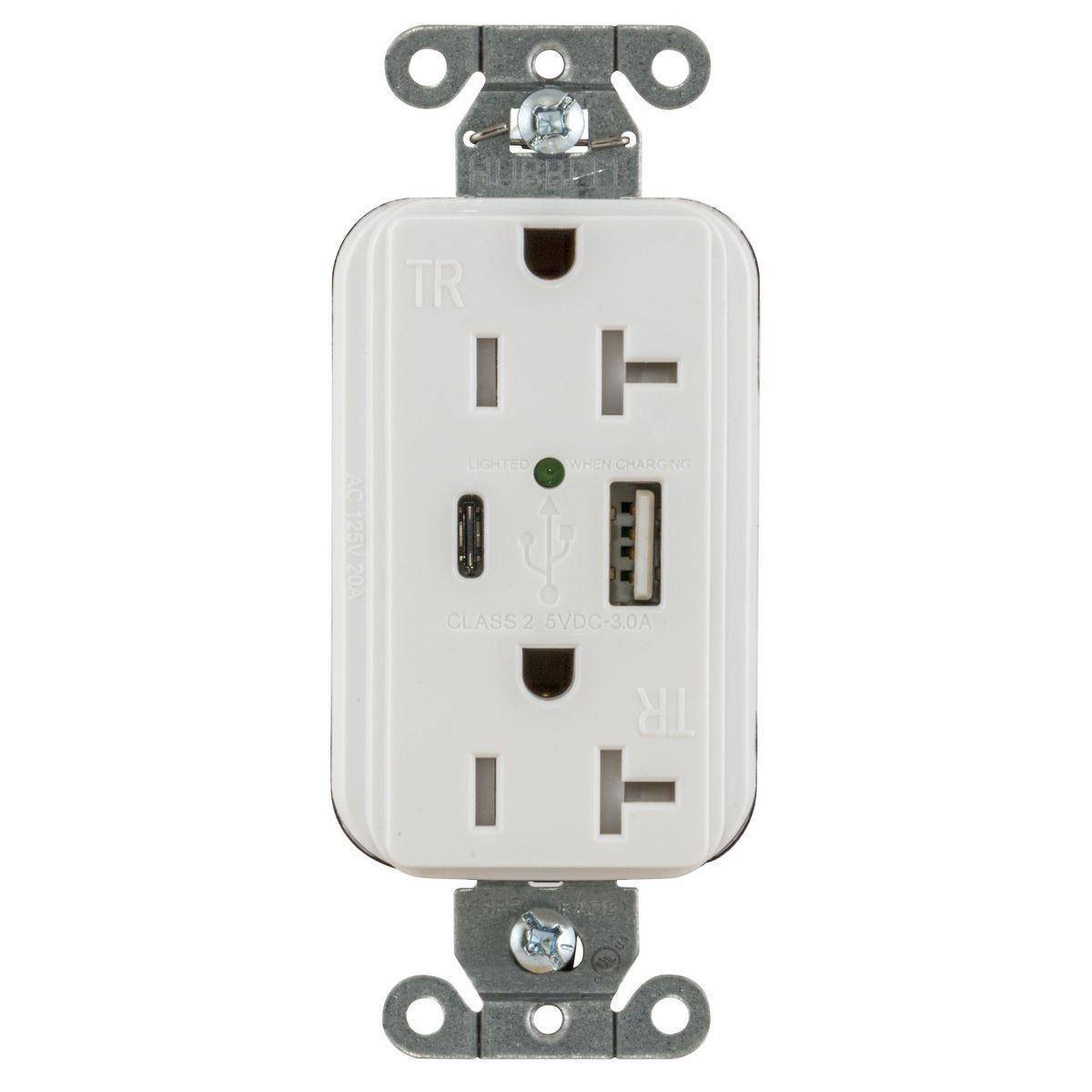 Wiring Device-Kellems SNAPConnect® Style Line® SNAP20UACW Decorator Duplex Grounding Temper-Resistant USB Charger Receptacle, 20 A, 125 VDC, 1875 W, 2 Poles, 3 Wires, White