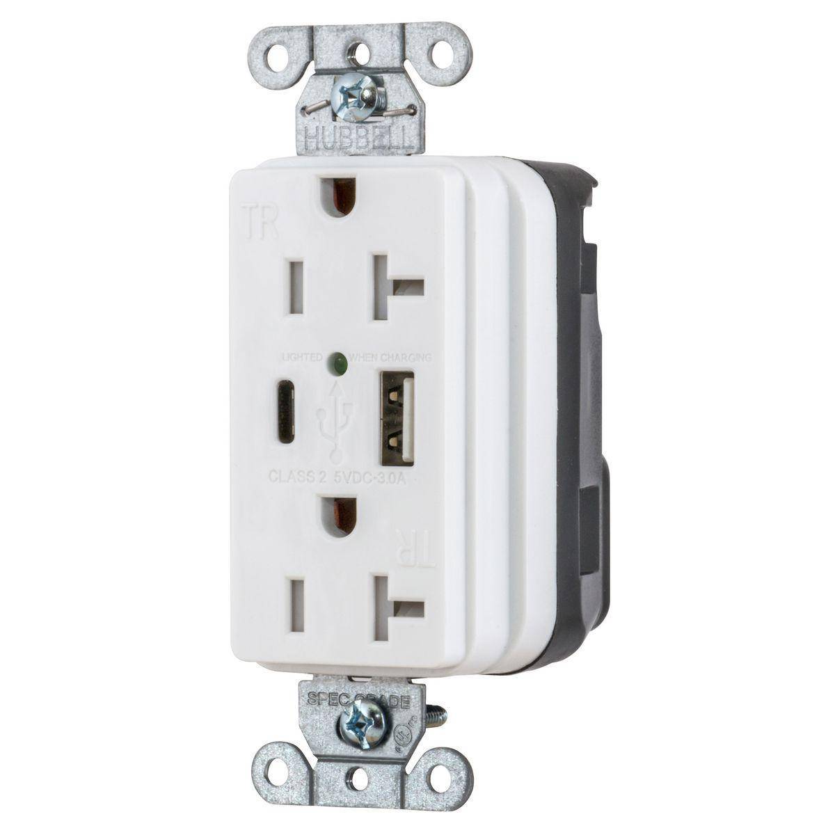 Wiring Device-Kellems SNAPConnect® Style Line® SNAP20UACW Decorator Duplex Grounding Temper-Resistant USB Charger Receptacle, 20 A, 125 VDC, 1875 W, 2 Poles, 3 Wires, White