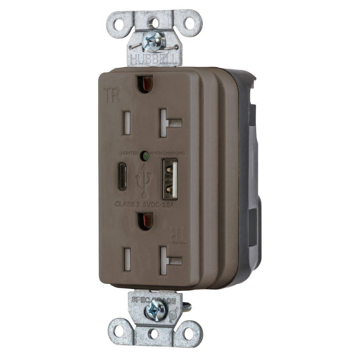 Wiring Device-Kellems SNAPConnect® Style Line® SNAP20UAC Decorator Duplex Grounding Temper-Resistant USB Charger Receptacle, 125 VAC, 20 A, 2 Poles, 3 Wires, Brown