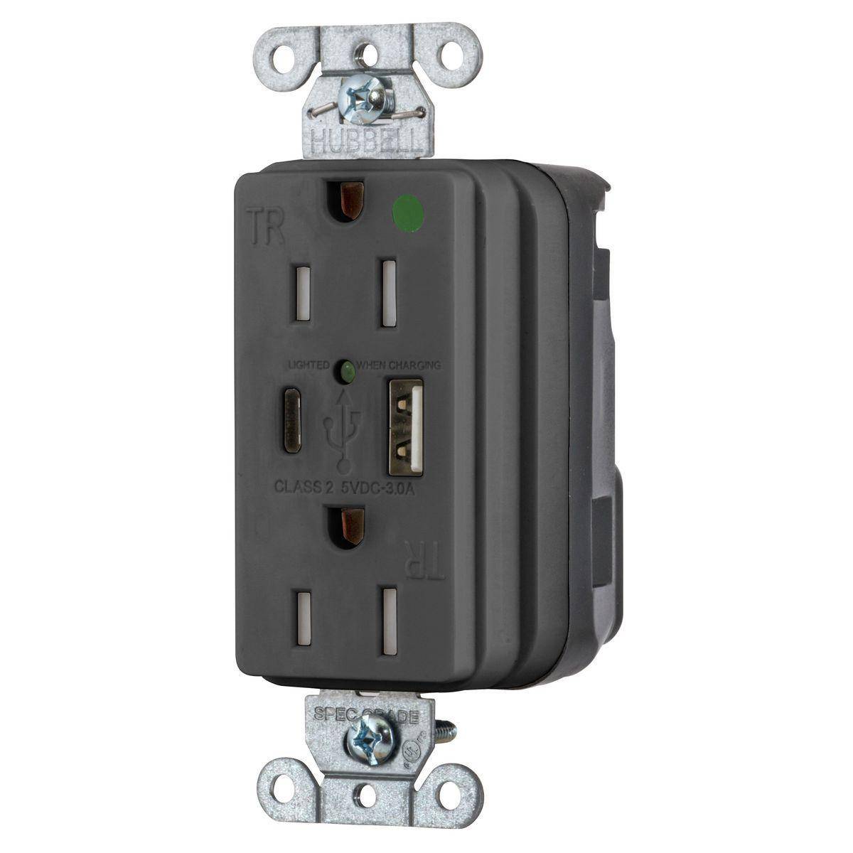 Wiring Device-Kellems SNAPConnect® SNAP8200UACBK Decorator Duplex Grounding Temper-Resistant USB Charger Receptacle, 125 VAC, 15 A, 2 Poles, 3 Wires, Black