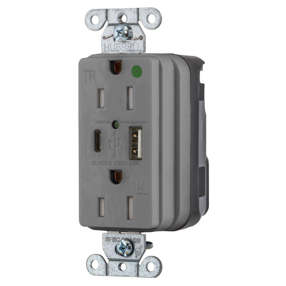 Wiring Device-Kellems SNAPConnect® SNAP8200UACGY Decorator Duplex Grounding Temper-Resistant USB Charger Receptacle, 125 VAC, 15 A, 2 Poles, 3 Wires, Gray