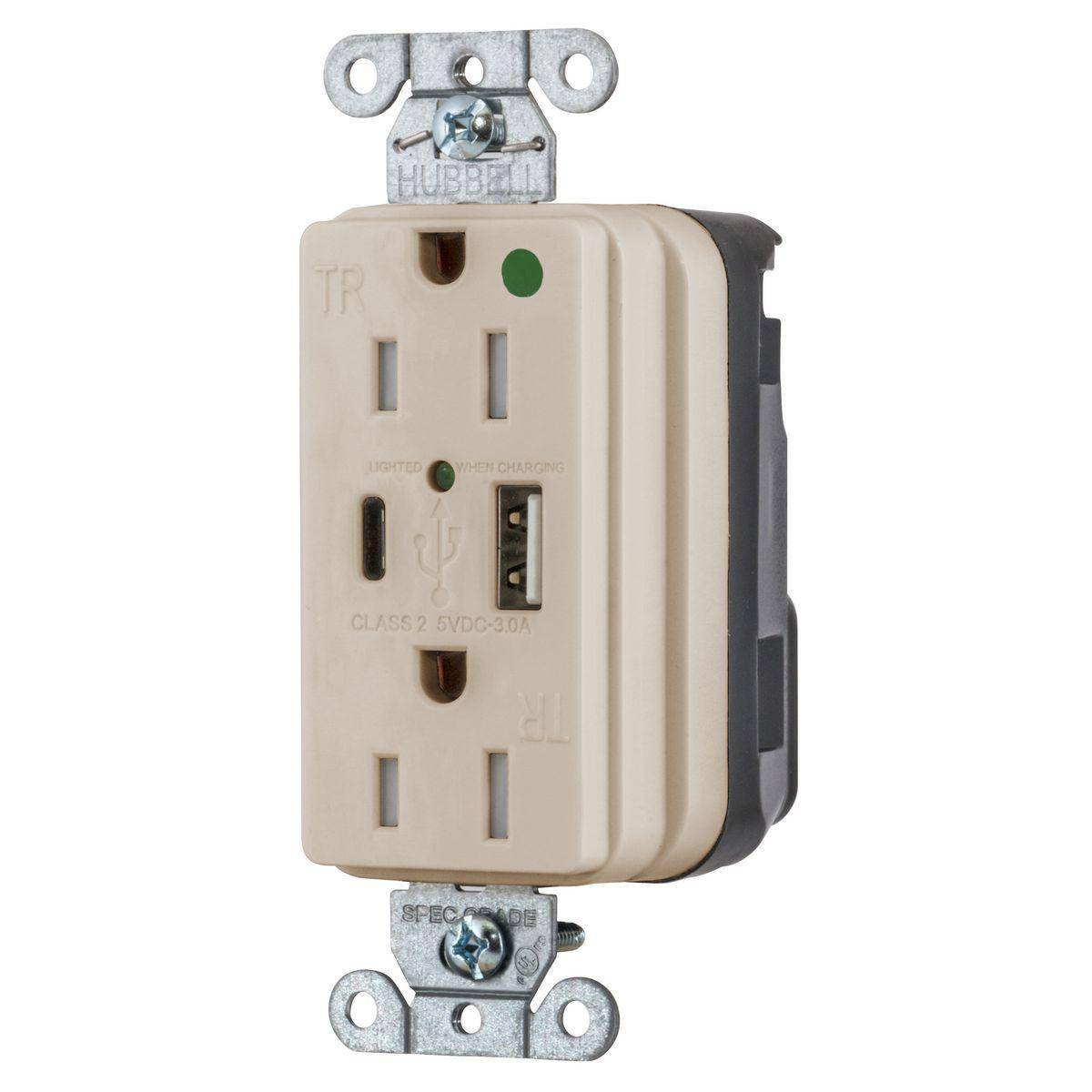 Wiring Device-Kellems SNAPConnect® SNAP8200UACLA Decorator Duplex Grounding Temper-Resistant USB Charger Receptacle, 125 VAC, 15 A, 2 Poles, 3 Wires, Light Almond