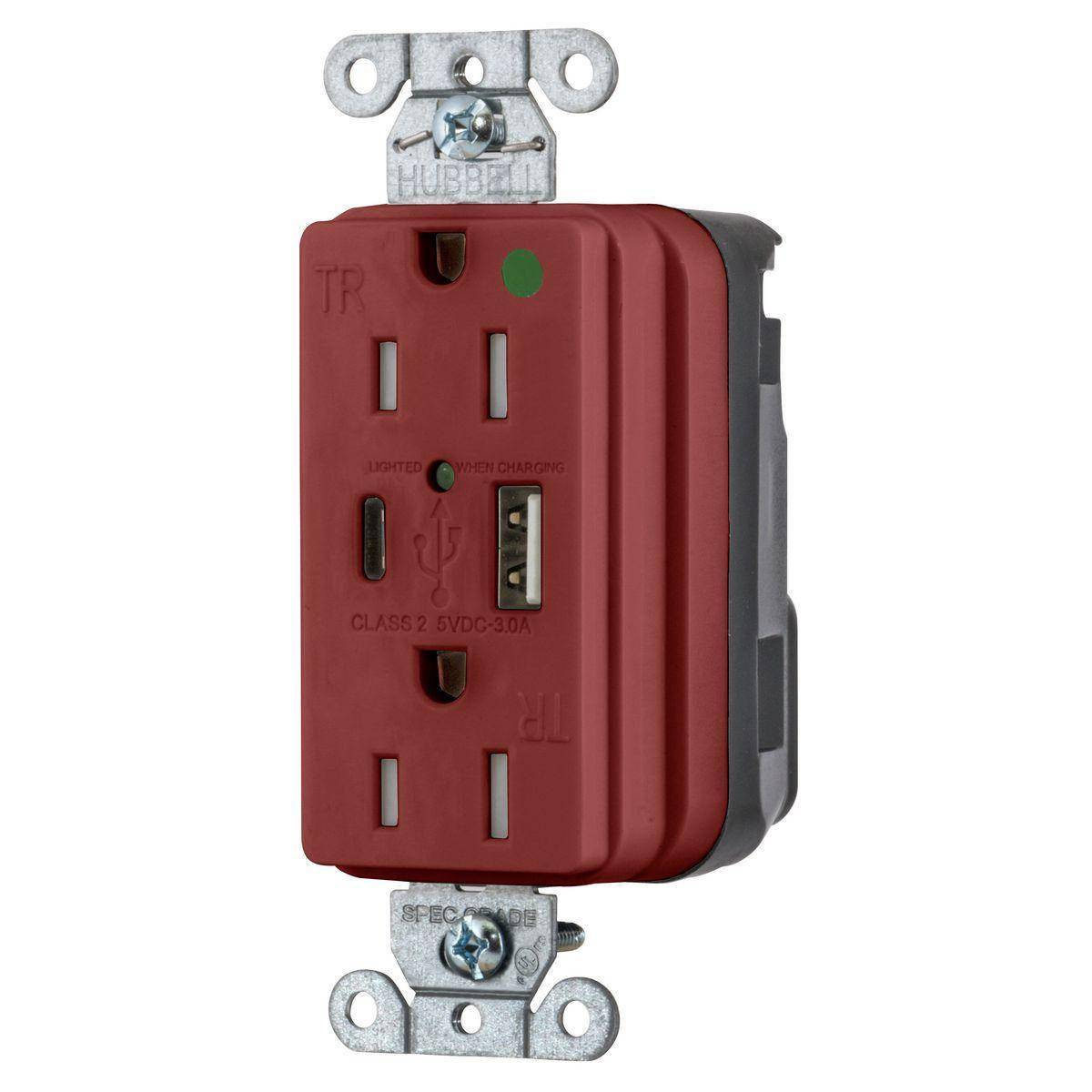 Wiring Device-Kellems SNAP8200UACR Decorator Duplex Straight Blade USB Charger Receptacle, 125 VAC, 15 A, 2 Poles, 3 Wires, Red