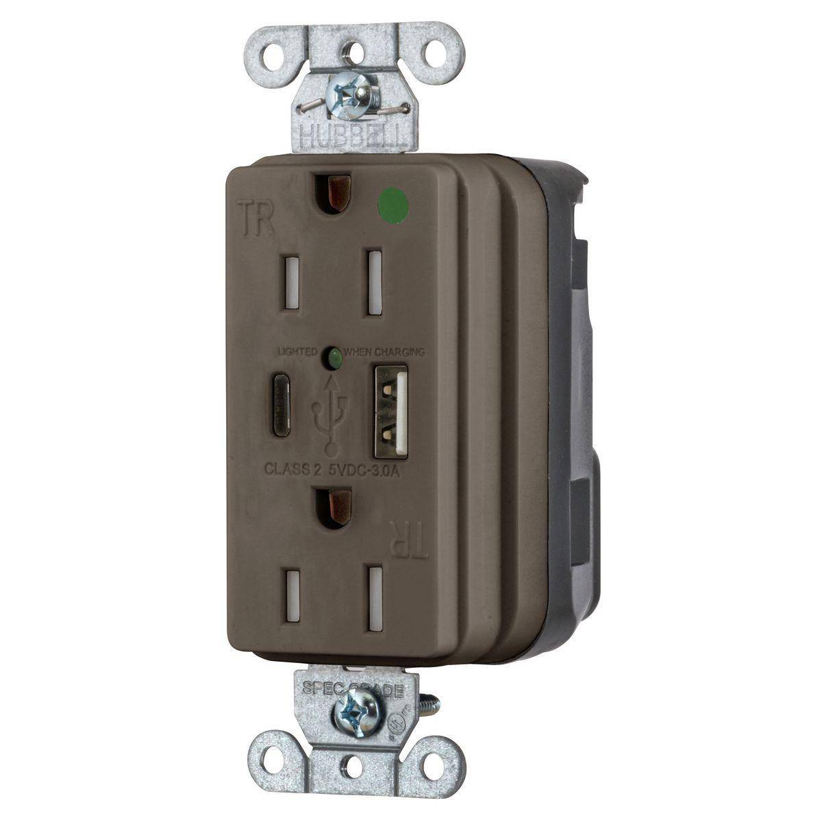 Wiring Device-Kellems SNAPConnect® SNAP8200UAC Decorator Duplex Grounding Temper-Resistant USB Charger Receptacle, 125 VAC, 15 A, 2 Poles, 3 Wires, Brown