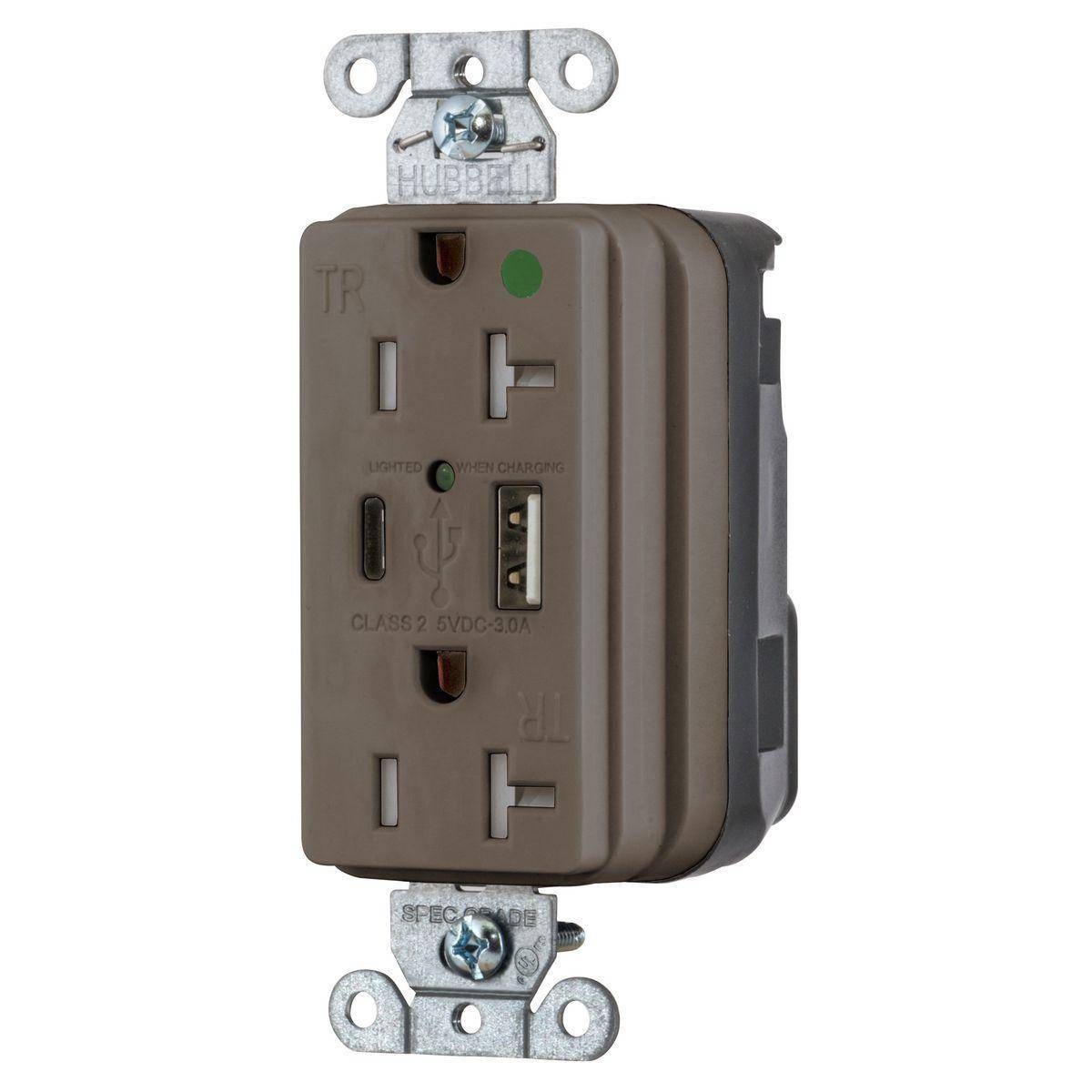 Wiring Device-Kellems SNAPConnect® SNAP8300UAC Decorator Duplex Straight Blade USB Charger Receptacle, 125 VAC, 15 A, 2 Poles, 3 Wires, Brown