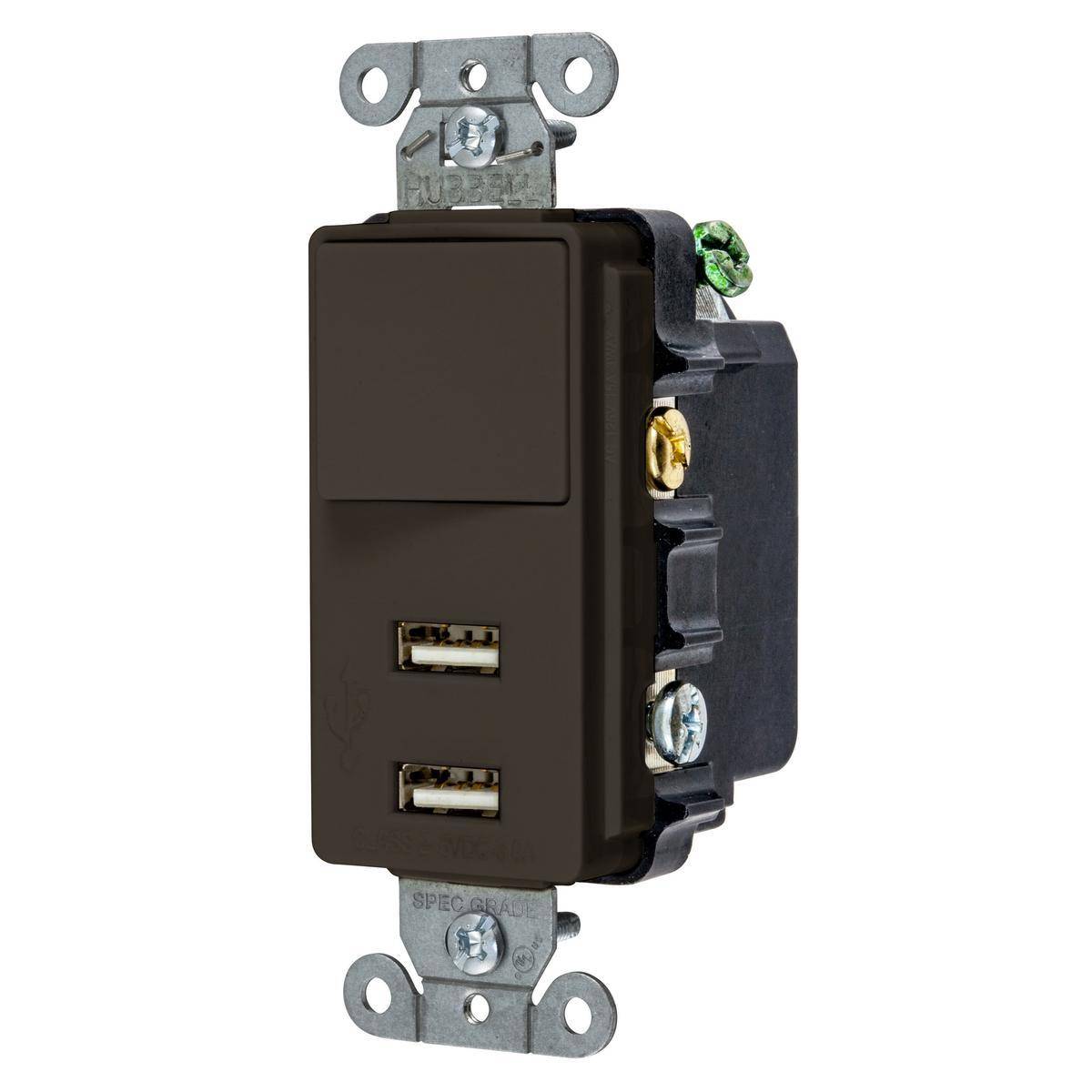 Wiring Device-Kellems Style Line® USB102 2-Port Decorator Duplex Standard Sized Switch Combo Outlet, 120/277 VAC, 15 A, 5 VDC, 375 W, 1 Phase, 2 Poles, 3 Wires, Brown