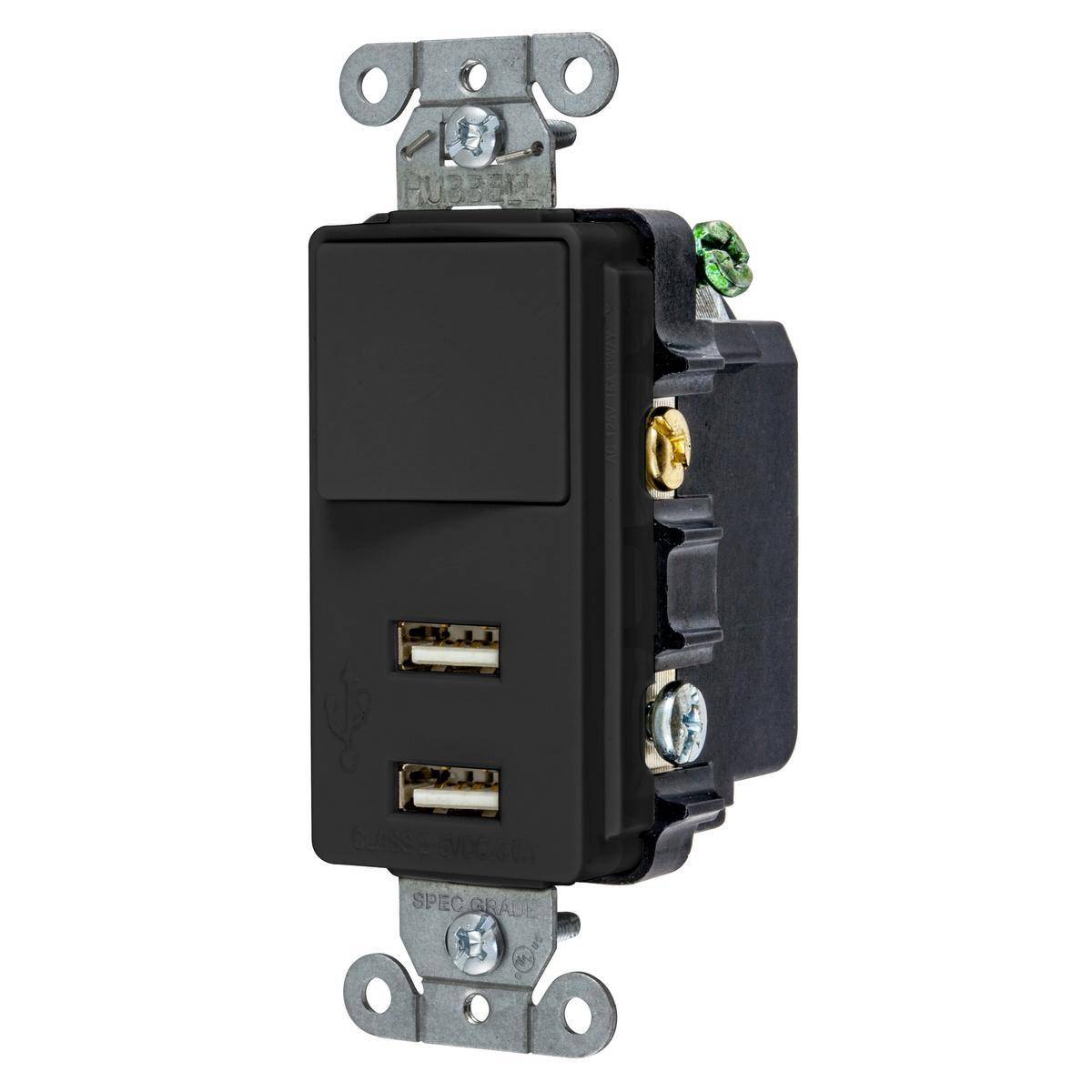 Wiring Device-Kellems USB102BK 2-Port Decorator Duplex Standard Sized Switch Combo Outlet, Electrical Ratings: 120/277 VAC, 15 A, 375 W, 1 Phase, 2 Poles, 3 Wires, Black