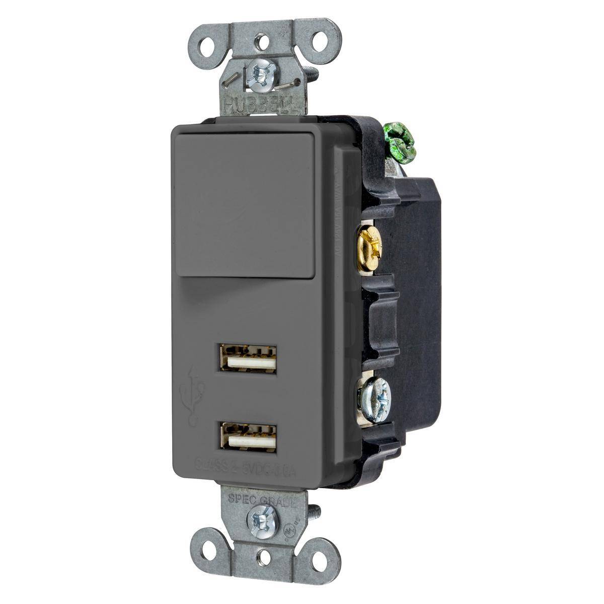 Wiring Device-Kellems USB102GY Decorator Duplex Standard Sized Switch Combo Outlet, Electrical Ratings: 125 V, 3 A, 375 W, 1 Phase, 2 Poles, 3 Wires, Gray