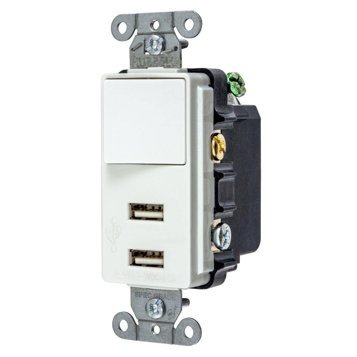 Wiring Device-Kellems USB102W Decorator Duplex Grounding Standard Switch Combo Outlet, Electrical Ratings: 125 V, 3 A, 5 VDC, 375 W, 1 Phase, 2 Poles, 3 Wires, White