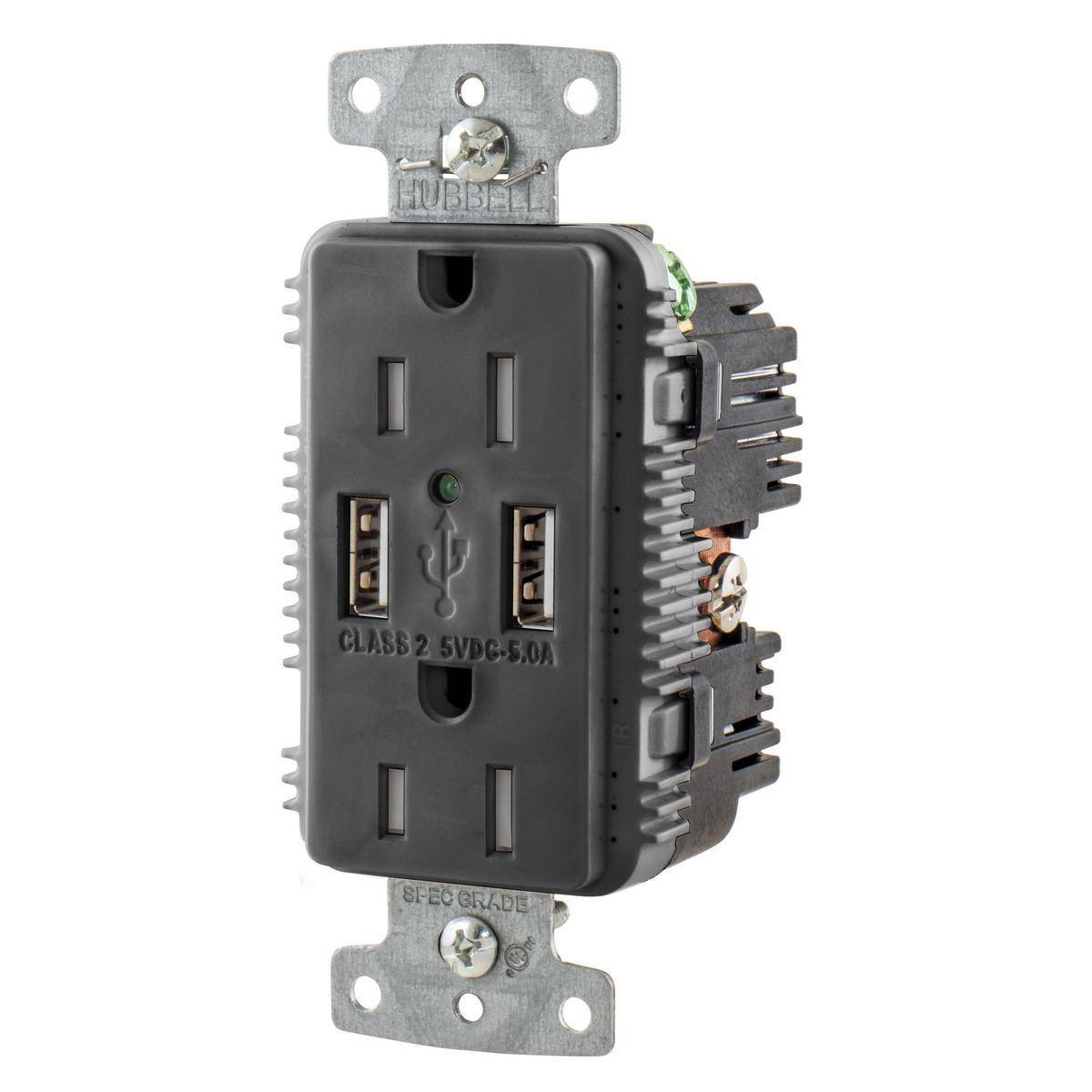 Wiring Device-Kellems tradeSELECT® USB15A5BK Duplex Grounding Heavy Duty Tamper-Resistant Standard USB Charger Receptacle With Green LED, 125 VAC, 20 A, 1875 W, 1 Phase, 2 Poles, 3 Wires, Black