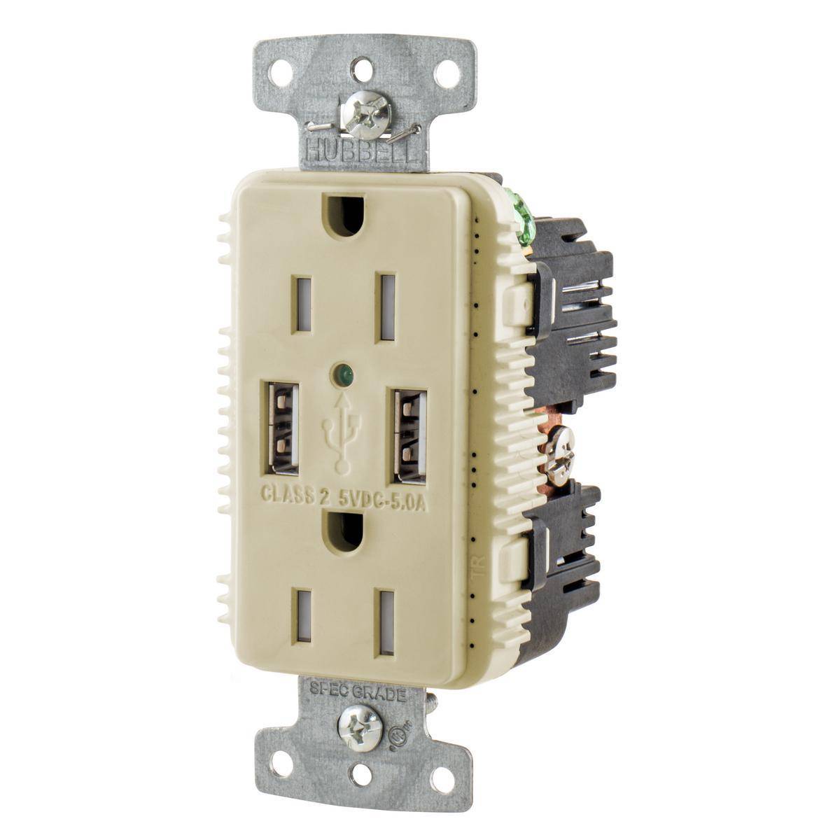 Wiring Device-Kellems tradeSELECT® USB15A5I Duplex Grounding Heavy Duty Tamper-Resistant Standard USB Charger Receptacle With Green LED, 125 VAC, 20 A, 1875 W, 1 Phase, 2 Poles, 3 Wires, Ivory