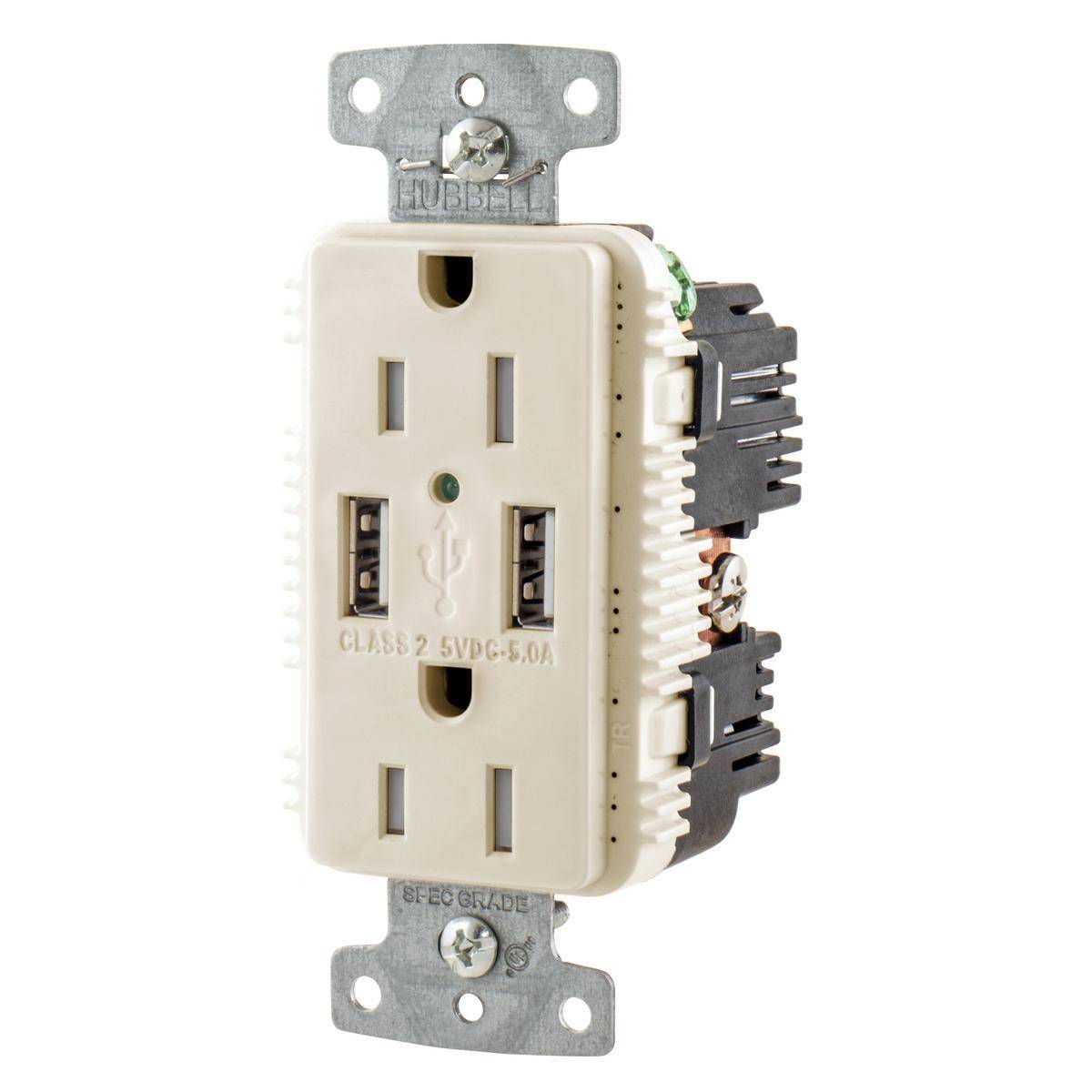 Wiring Device-Kellems tradeSELECT® USB15A5LA Duplex Grounding Heavy Duty Tamper-Resistant Standard USB Charger Receptacle With Green LED, 125 VAC, 20 A, 1875 W, 1 Phase, 2 Poles, 3 Wires, Light Almond