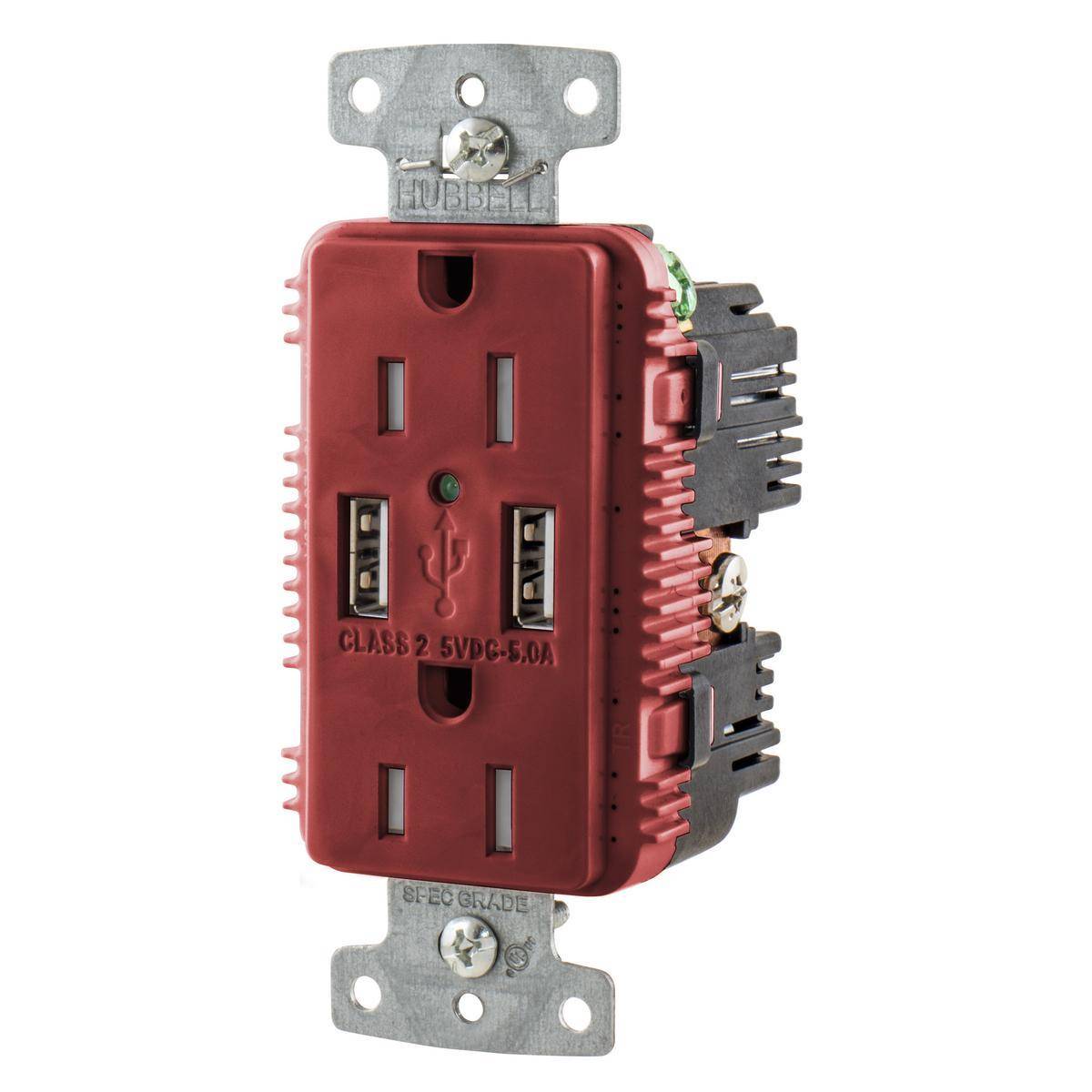 Wiring Device-Kellems tradeSELECT® USB15A5R Duplex Grounding Heavy Duty Tamper-Resistant USB Charger Receptacle With Green LED, 125 VDC, 15 A, 1 Phase, 2 Poles, 3 Wires, Red