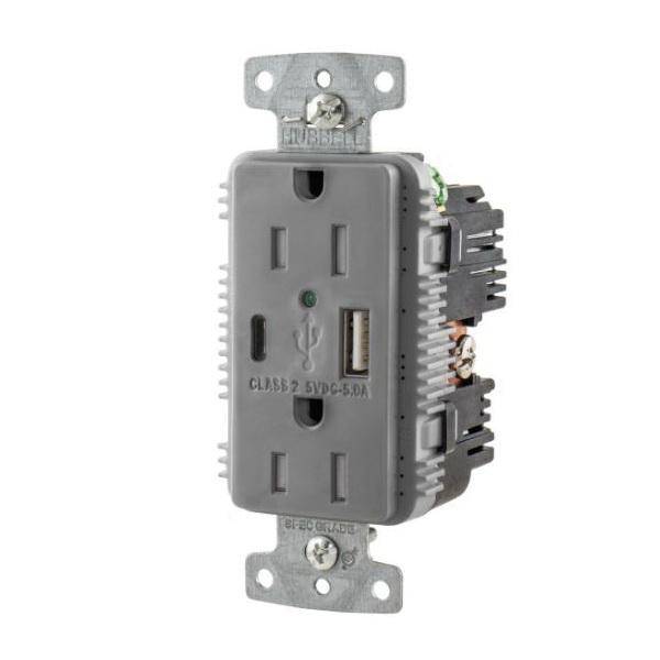 Wiring Device-Kellems tradeSELECT® USB15AC5GY Duplex Grounding Heavy Duty Standard Tamper-Resistant USB Charger Receptacle With Green LED, 125 VAC, 15 A, 1875 W, 1 Phase, 2 Poles, 3 Wires, Gray