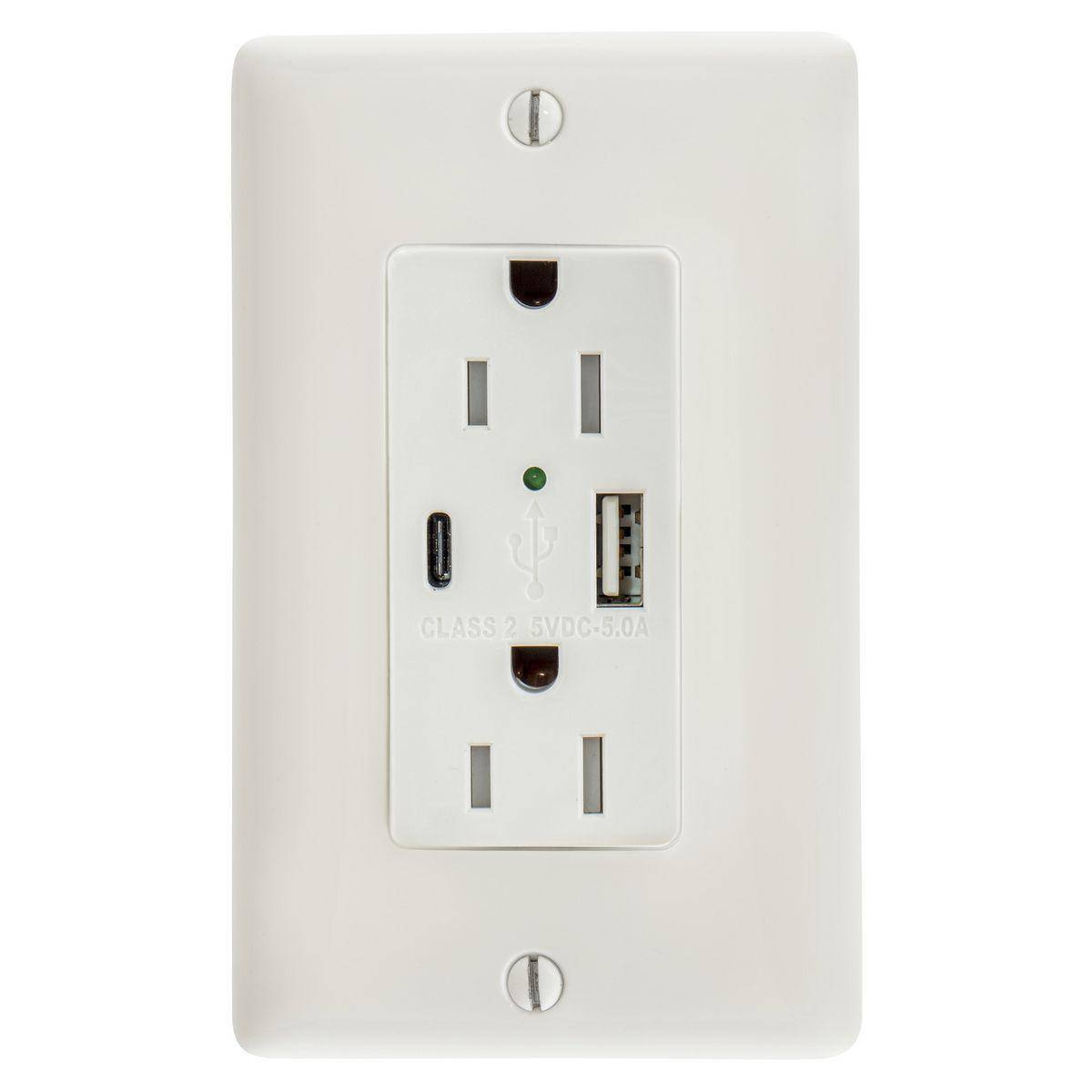 Wiring Device-Kellems tradeSELECT® USB15AC5W Duplex Grounding Heavy Duty Standard Tamper-Resistant USB Charger Receptacle With Green LED, 125 V, 15 A, 1875 W, 1 Phase, 2 Poles, 3 Wires, White