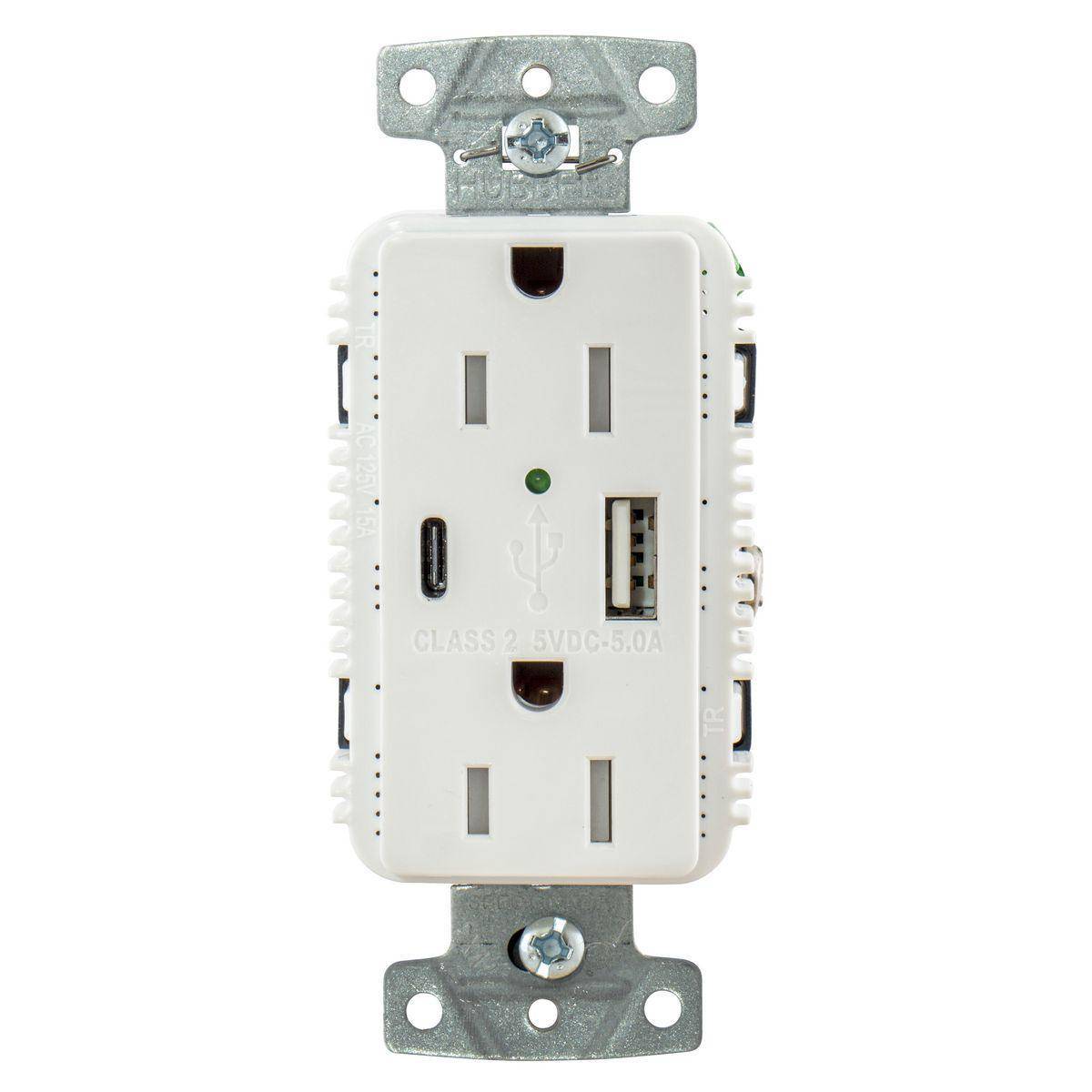 Wiring Device-Kellems tradeSELECT® USB15AC5W Duplex Grounding Heavy Duty Standard Tamper-Resistant USB Charger Receptacle With Green LED, 125 V, 15 A, 1875 W, 1 Phase, 2 Poles, 3 Wires, White