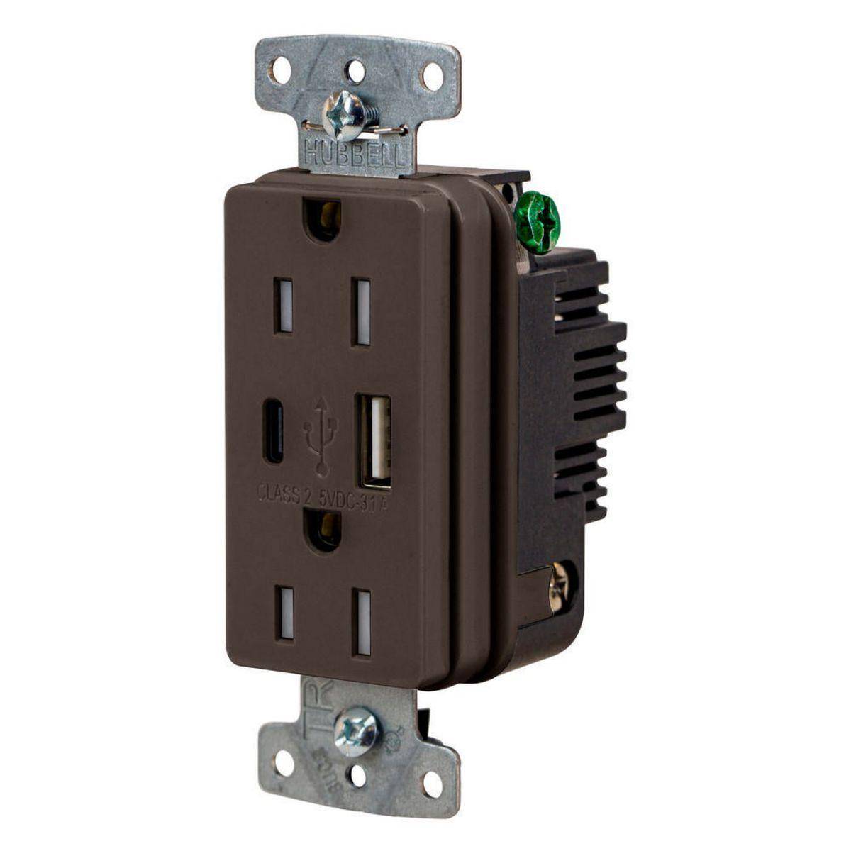 Wiring Device-Kellems USB15AC Hubbell-PRO Line Decorator Style USB Charger Duplex Receptacle, 15 A 125 VAC, 1 Phase, 2 Poles, 3 Wires, Brown
