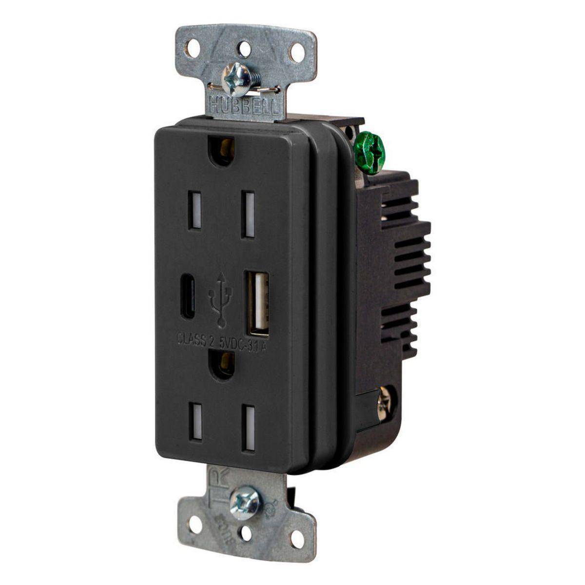 Wiring Device-Kellems USB15ACBK Hubbell-PRO Line Decorator Style USB Charger Duplex Receptacle, 15 A 125 VAC, 1 Phase, 2 Poles, 3 Wires, Black