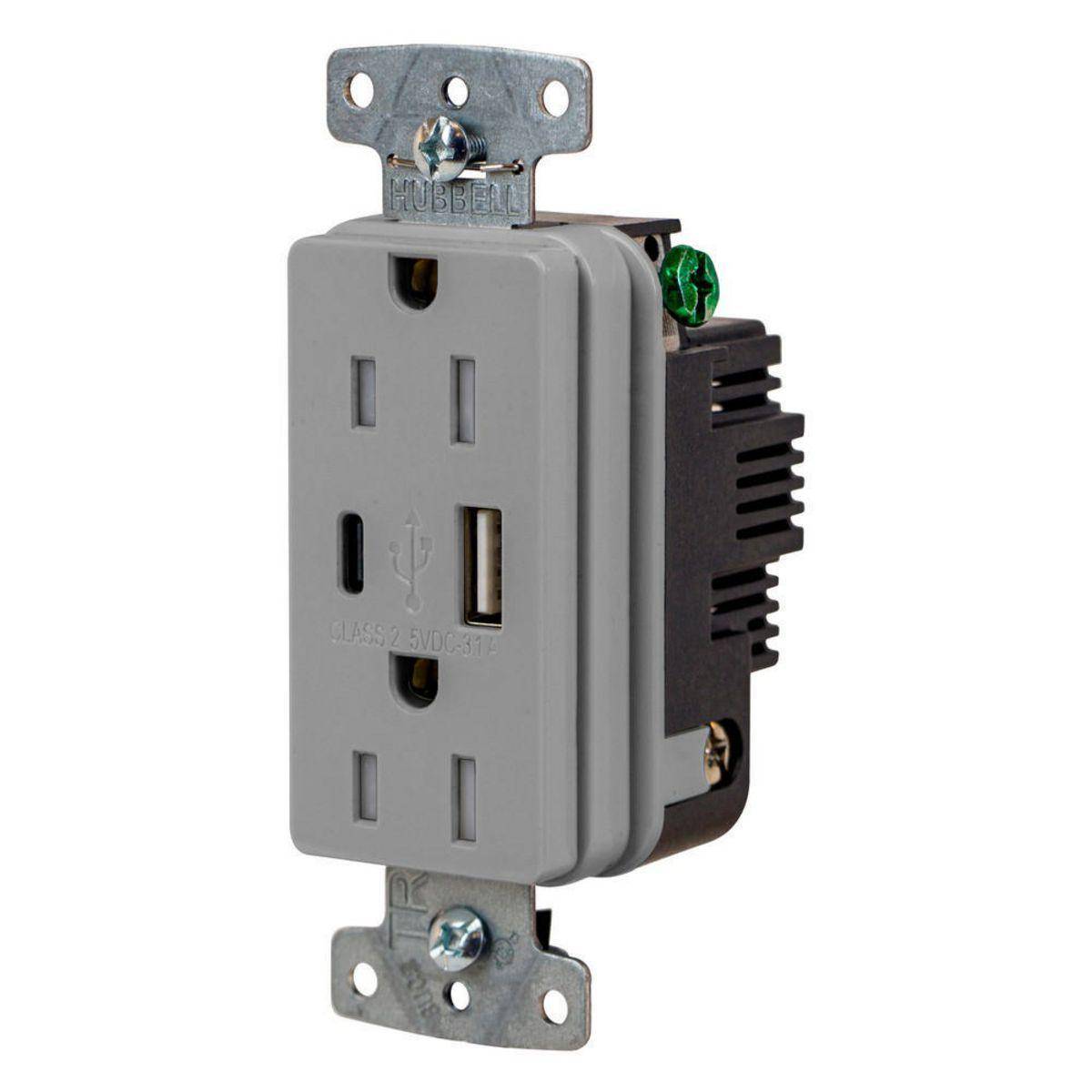 Wiring Device-Kellems USB15ACGY Hubbell-PRO Line Decorator Style USB Charger Duplex Receptacle, 15 A 125 VAC, 1 Phase, 2 Poles, 3 Wires, Gray