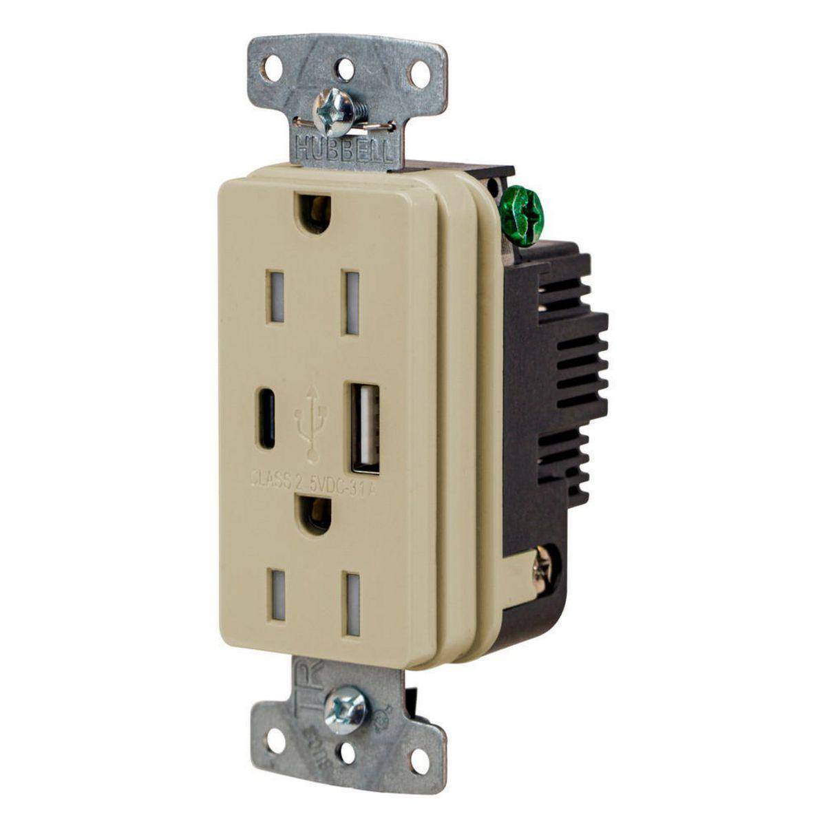 Wiring Device-Kellems USB15ACI Hubbell-PRO Line Decorator Style USB Charger Duplex Receptacle, 15 A 125 VAC, 1 Phase, 2 Poles, 3 Wires, Ivory
