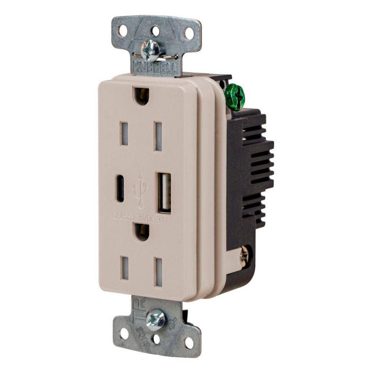 Wiring Device-Kellems USB15ACLA Hubbell-PRO Line Decorator Style USB Charger Duplex Receptacle, 15 A 125 VAC, 1 Phase, 2 Poles, 3 Wires, Light Almond