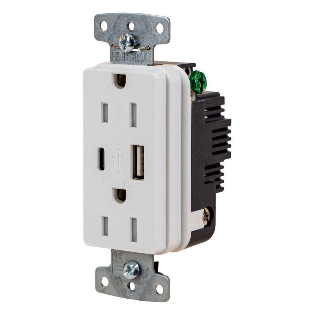 Wiring Device-Kellems Hubbell-Pro™ USB15ACW Duplex Grounding High Power Standard Tamper-Resistant USB Charger Receptacle, 125 VAC 15 A 1815 W, 1 Phase, 2 Poles, 3 Wires, White