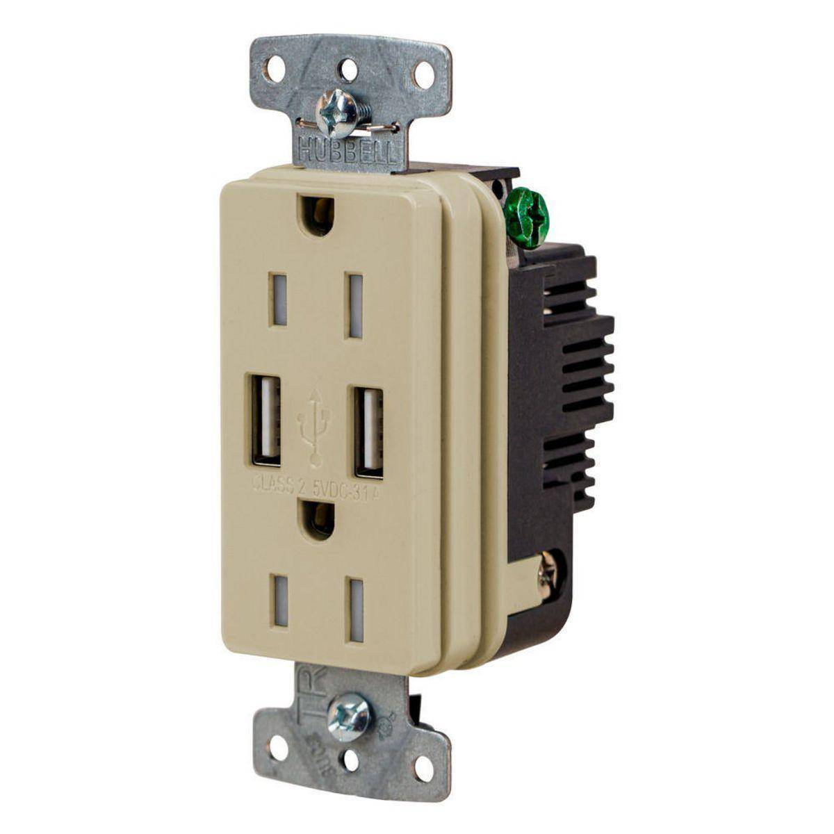 Wiring Device-Kellems USB15AI Hubbell-PRO Line Decorator Style USB Charger Duplex Receptacle, 15 A 125 VAC, 1 Phase, 2 Poles, 3 Wires, Ivory