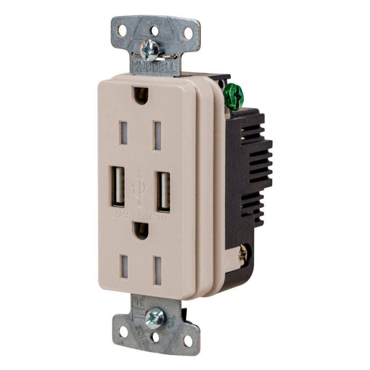 Wiring Device-Kellems USB15ALA Hubbell-PRO Line Decorator Style USB Charger Duplex Receptacle, 15 A 125 VAC, 1 Phase, 2 Poles, 3 Wires, Light Almond
