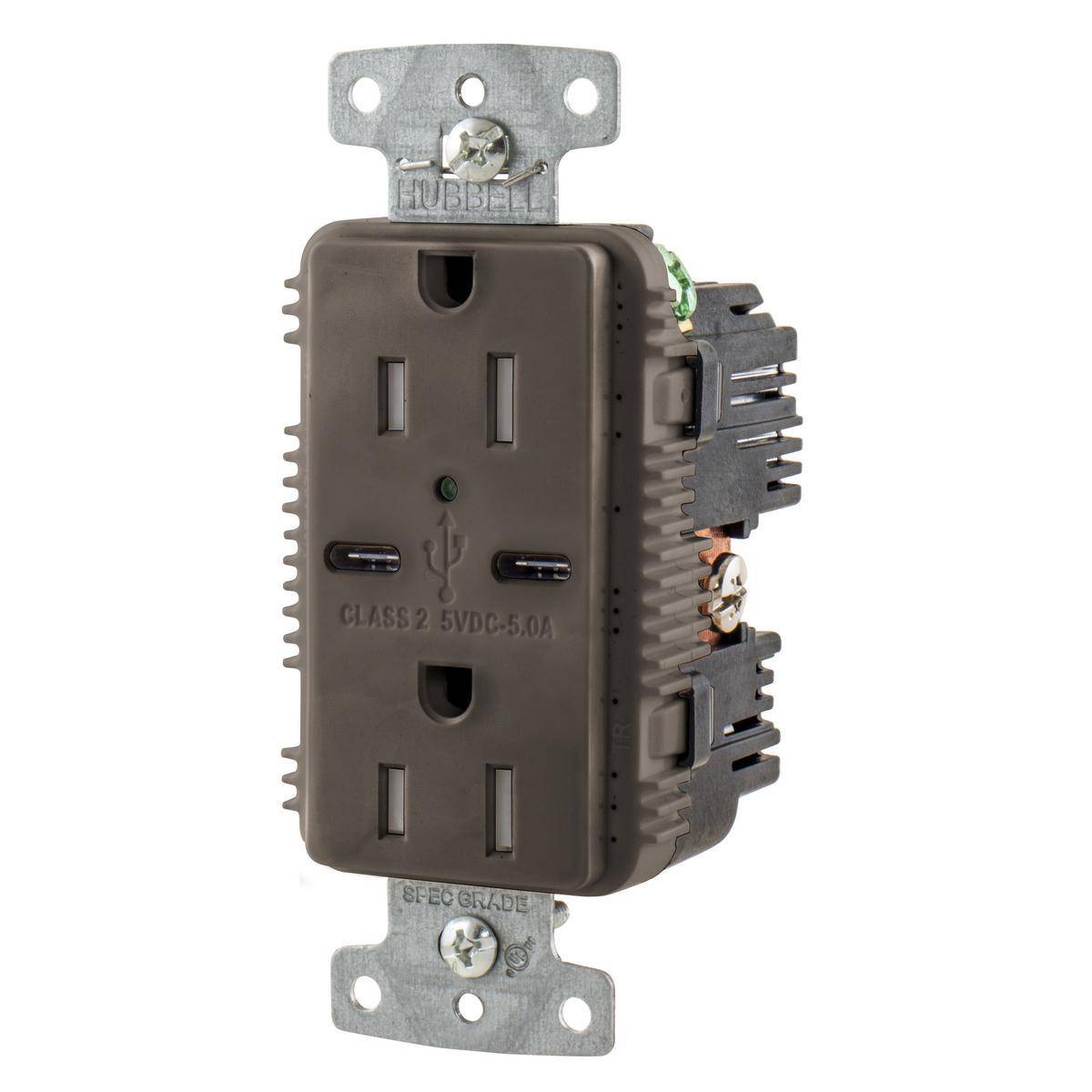 Wiring Device-Kellems tradeSELECT® USB15C5 Duplex Grounding Heavy Duty Tamper-Resistant Standard USB Charger Receptacle With Green LED, 15 A, 125 VDC, 1875 W, 1 Phase, 2 Poles, 3 Wires, Brown