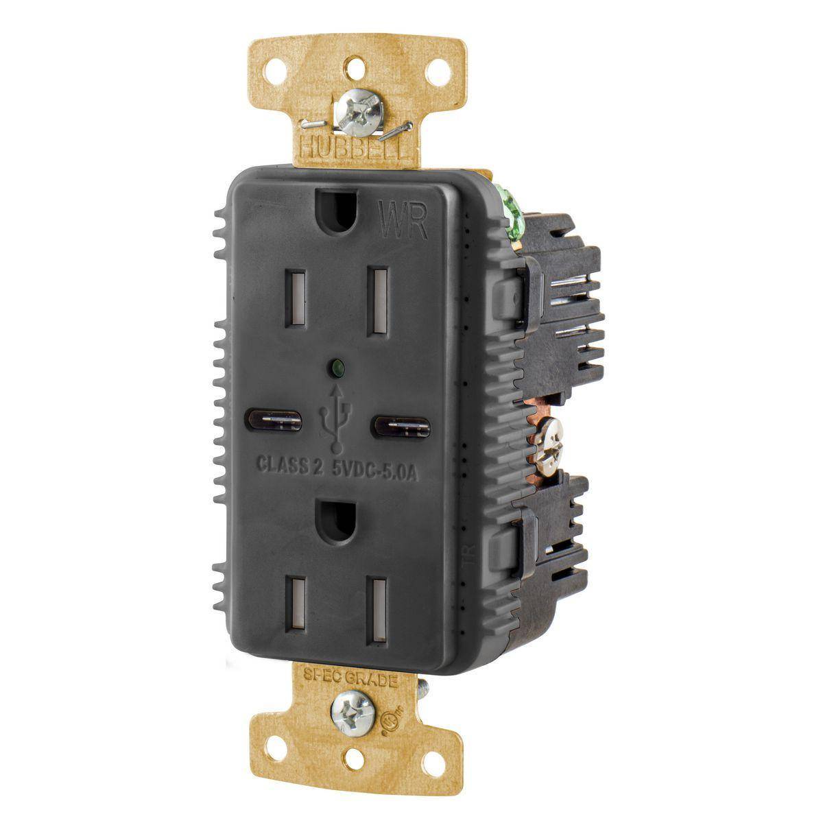 Wiring Device-Kellems tradeSELECT® USB15C5BKWR Decorator Duplex Grounding Heavy Duty Tamper/Weather-Resistant USB Charger Receptacle With Green LED, 15 A, 125 VDC, 1 Phase, 2 Poles, 3 Wires, Black