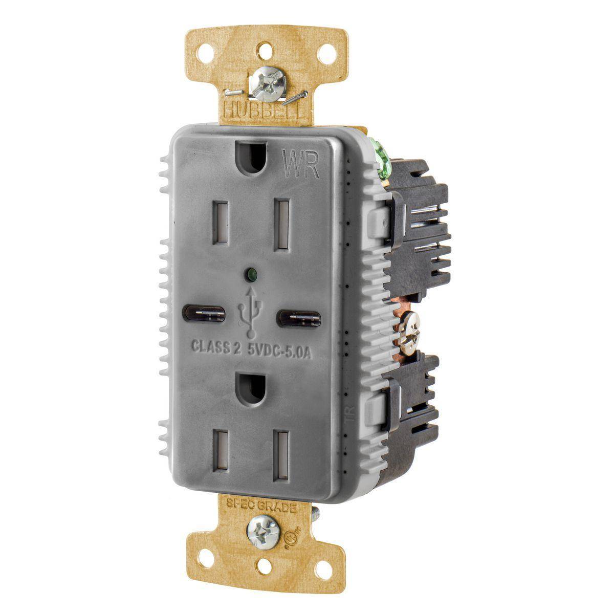 Wiring Device-Kellems tradeSELECT® USB15C5GYWR Decorator Duplex Grounding Heavy Duty Tamper/Weather-Resistant USB Charger Receptacle With Green LED, 15 A, 125 VDC, 1 Phase, 2 Poles, 3 Wires, Gray