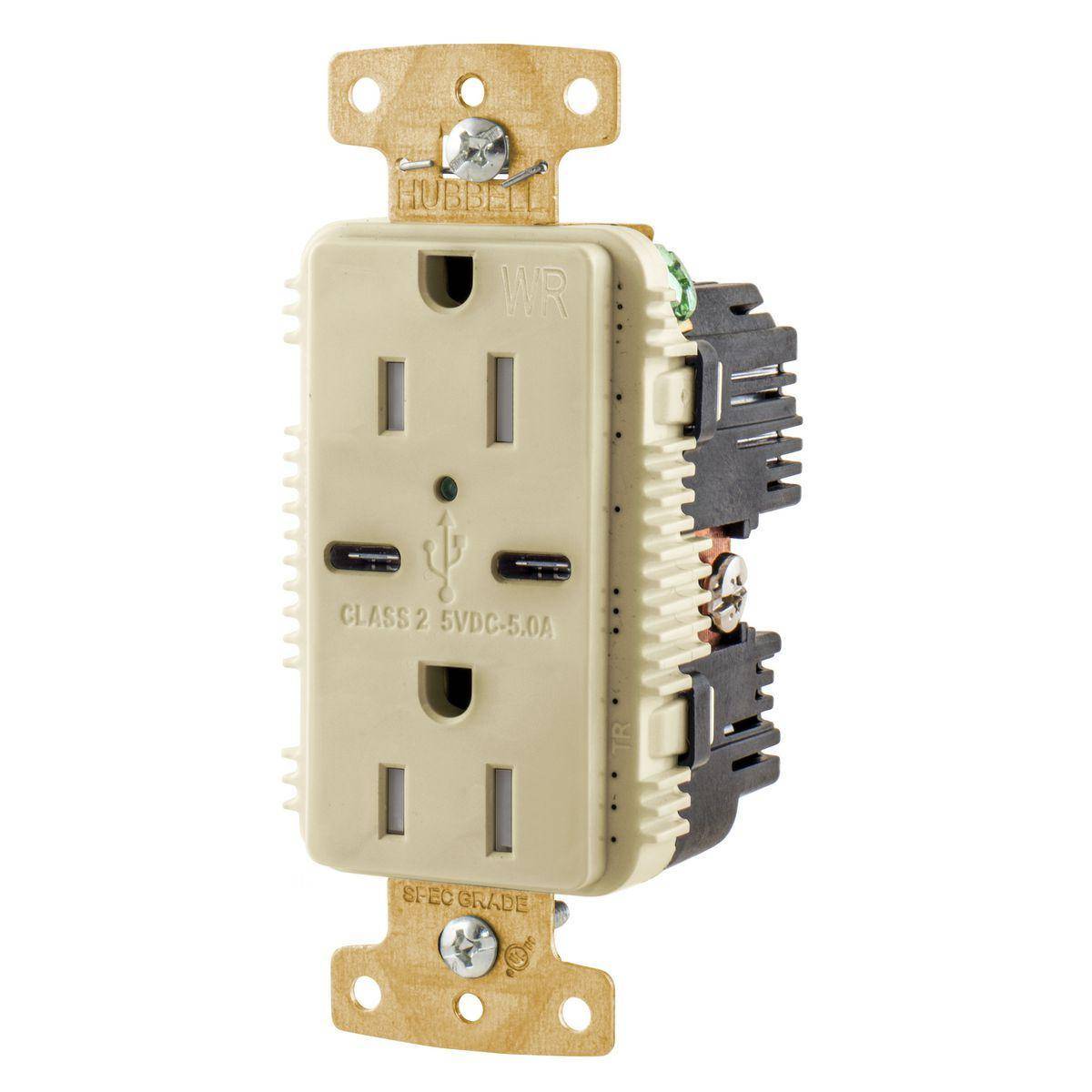 Wiring Device-Kellems tradeSELECT® USB15C5IWR Decorator Duplex Grounding Heavy Duty Tamper/Weather-Resistant USB Charger Receptacle With Green LED, 15 A, 125 VDC, 1 Phase, 2 Poles, 3 Wires, Ivory