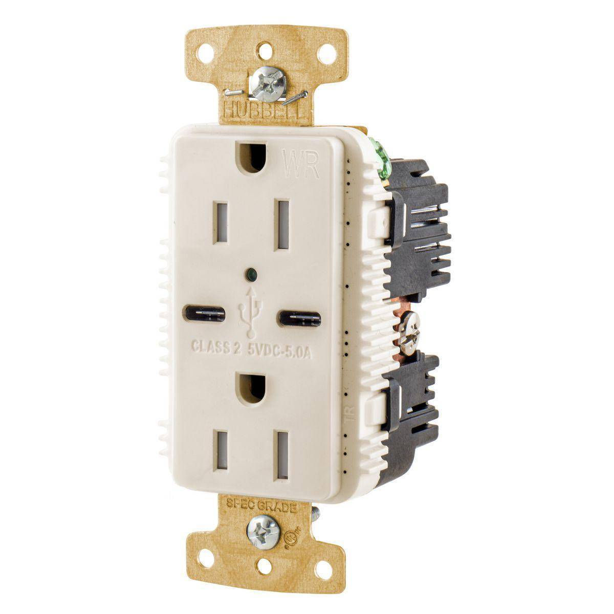 Wiring Device-Kellems tradeSELECT® USB15C5LAWR Decorator Duplex Grounding Heavy Duty Tamper/Weather-Resistant USB Charger Receptacle With Green LED, 15 A, 125 VDC, 1 Phase, 2 Poles, 3 Wires, Light Almond