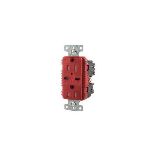 Wiring Device-Kellems tradeSELECT® USB15C5R Duplex Grounding Heavy Duty Tamper-Resistant USB Charger Receptacle With Green LED, 125 VDC, 15 A, 1 Phase, 2 Poles, 3 Wires, Red