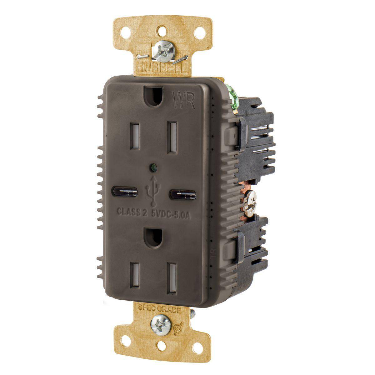 Wiring Device-Kellems tradeSELECT® USB15C5WR Decorator Duplex Grounding Heavy Duty Tamper/Weather-Resistant USB Charger Receptacle With Green LED, 15 A, 125 VDC, 1 Phase, 2 Poles, 3 Wires, Brown/White