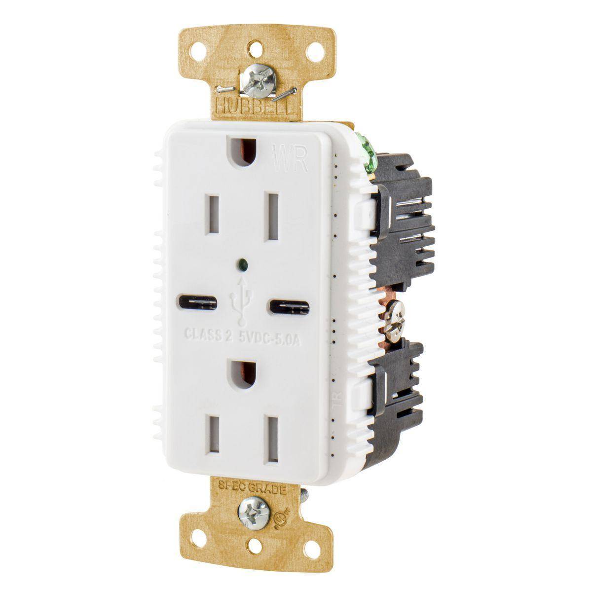 Wiring Device-Kellems tradeSELECT® USB15C5WWR Decorator Duplex Grounding Heavy Duty Tamper/Weather-Resistant USB Charger Receptacle With Green LED, 125 VDC, 15 A, 1 Phase, 2 Poles, 3 Wires, White