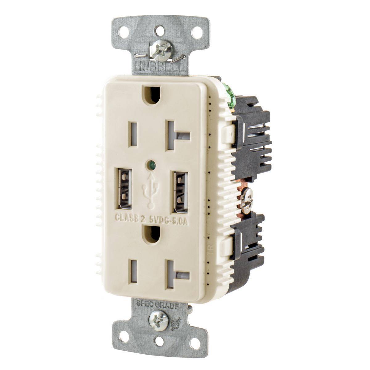 Wiring Device-Kellems tradeSELECT® USB20A5LA Duplex Grounding Tamper-Resistant Standard USB Charger Receptacle With Green LED, 125 VAC, 20 A, 2500 W, 1 Phase, 2 Poles, 3 Wires, Light Almond