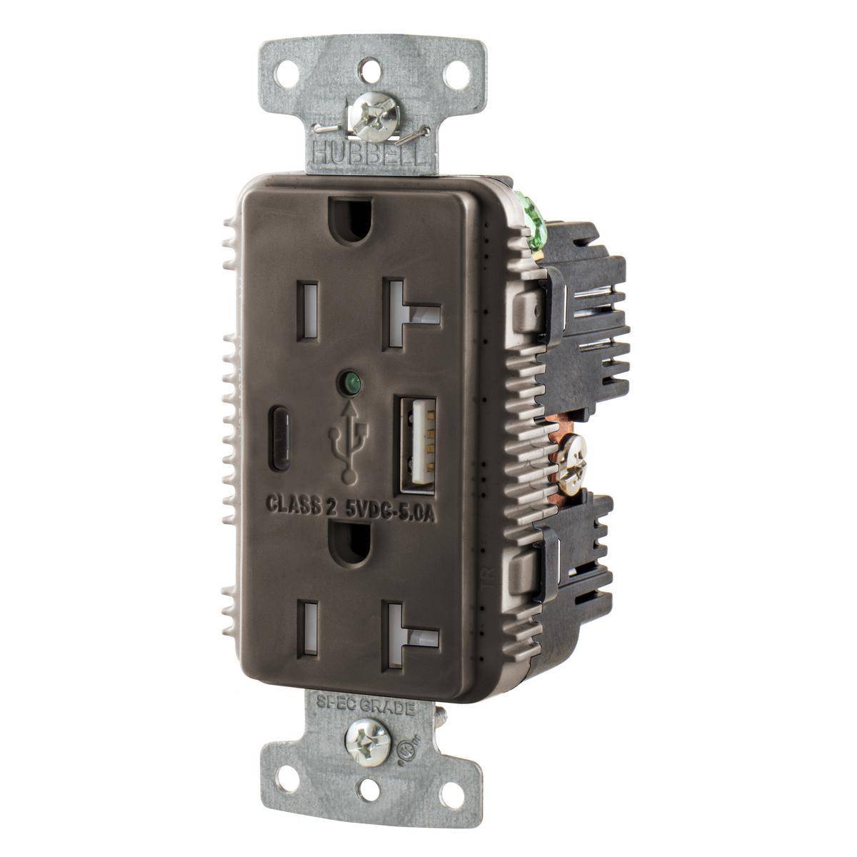 Wiring Device-Kellems tradeSELECT® USB20AC5 Duplex Grounding Tamper-Resistant Standard USB Charger Receptacle With Green LED, 125 VAC, 20 A, 2500 W, 1 Phase, 2 Poles, 3 Wires, Brown