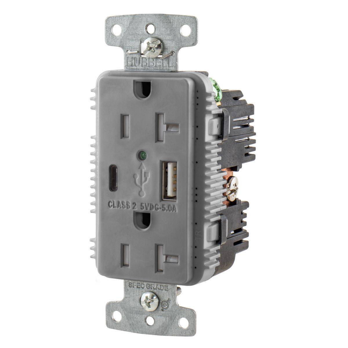 Wiring Device-Kellems tradeSELECT® USB20AC5GY Duplex Grounding Tamper-Resistant Standard USB Charger Receptacle With Green LED, 125 VAC, 20 A, 2500 W, 1 Phase, 2 Poles, 3 Wires, Gray