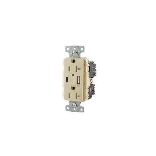 Wiring Device-Kellems tradeSELECT® USB20AC5I Duplex Grounding Standard Tamper-Resistant USB Charger Receptacle With Green LED, 125 VAC, 20 A, 2500 W, 1 Phase, 2 Poles, 3 Wires, Ivory